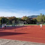 Pickleball field on tartan court with field markers